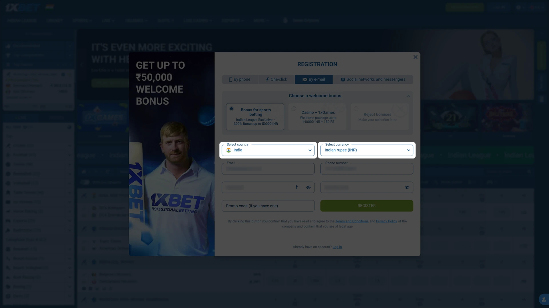 Specify the country and currency of your 1xBet account.
