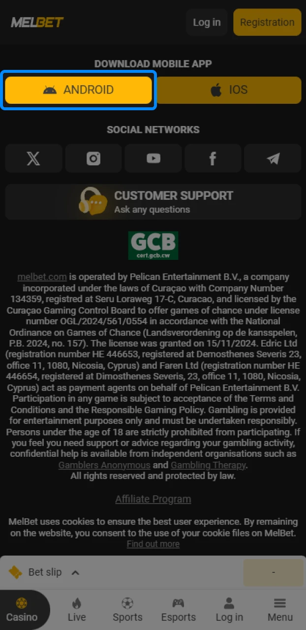 Accessing the official sportsbook website on a mobile browser to locate the Android APK download link.