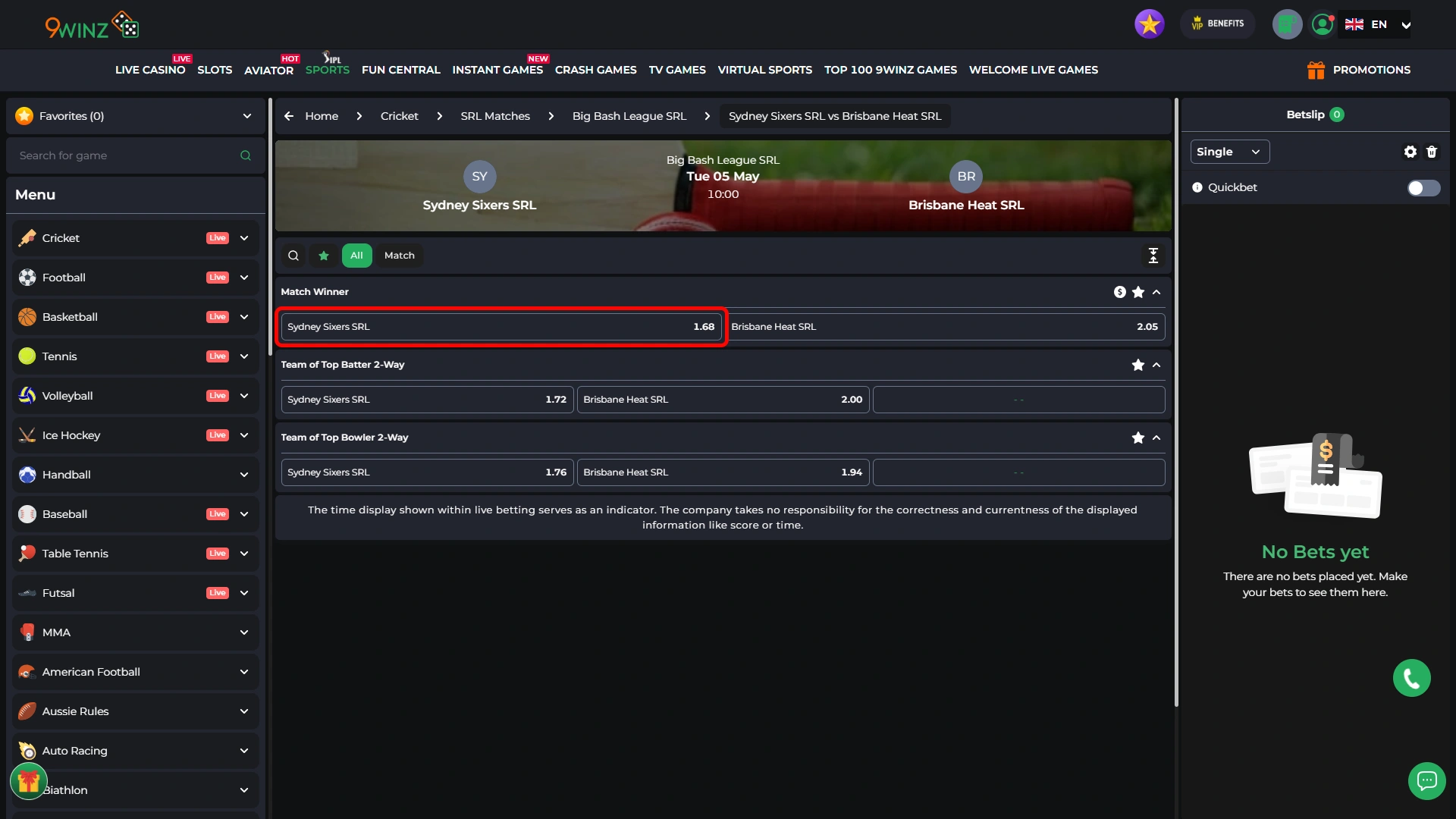 Add selection to bet slip on 9winz and review details.