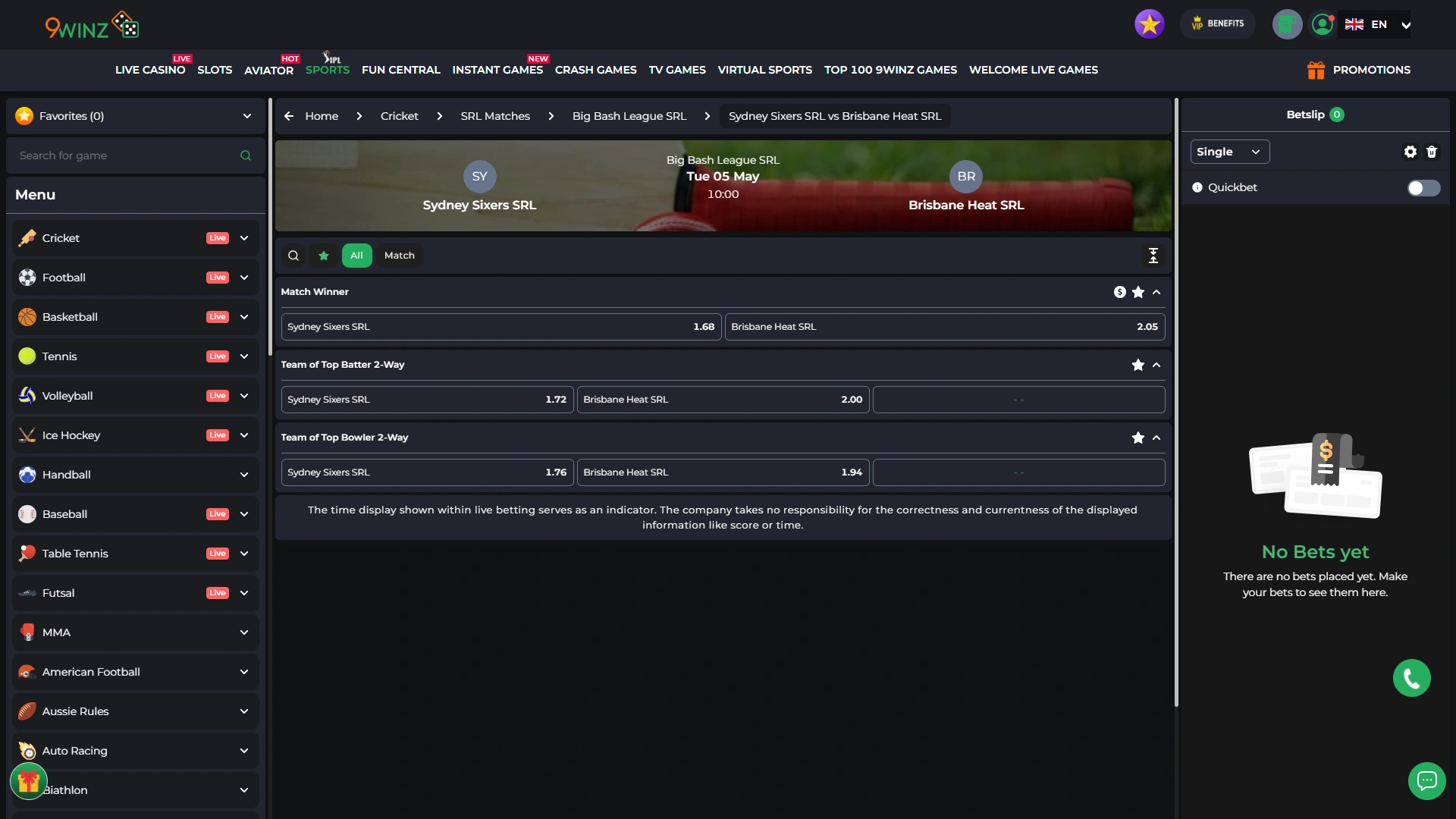 Select event on 9winz and prepare your betting slip.