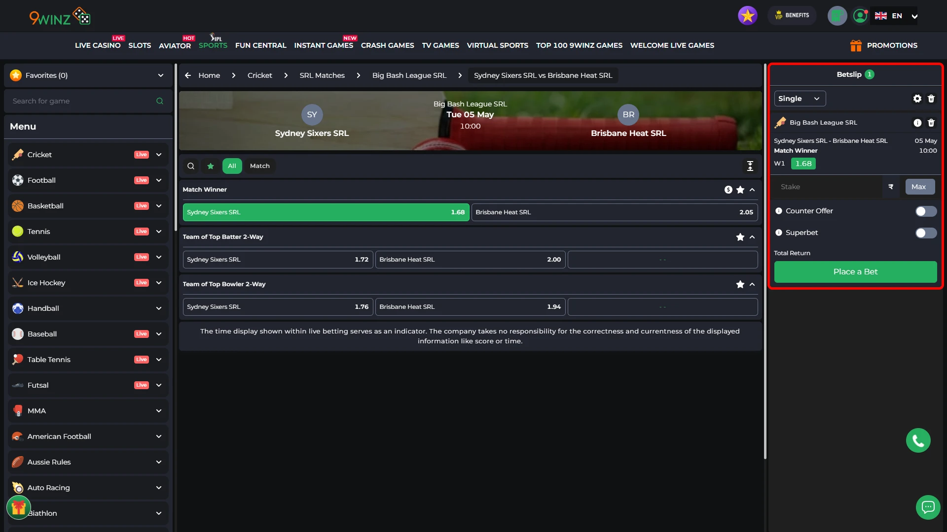 Confirm your bet on 9winz and track results live.