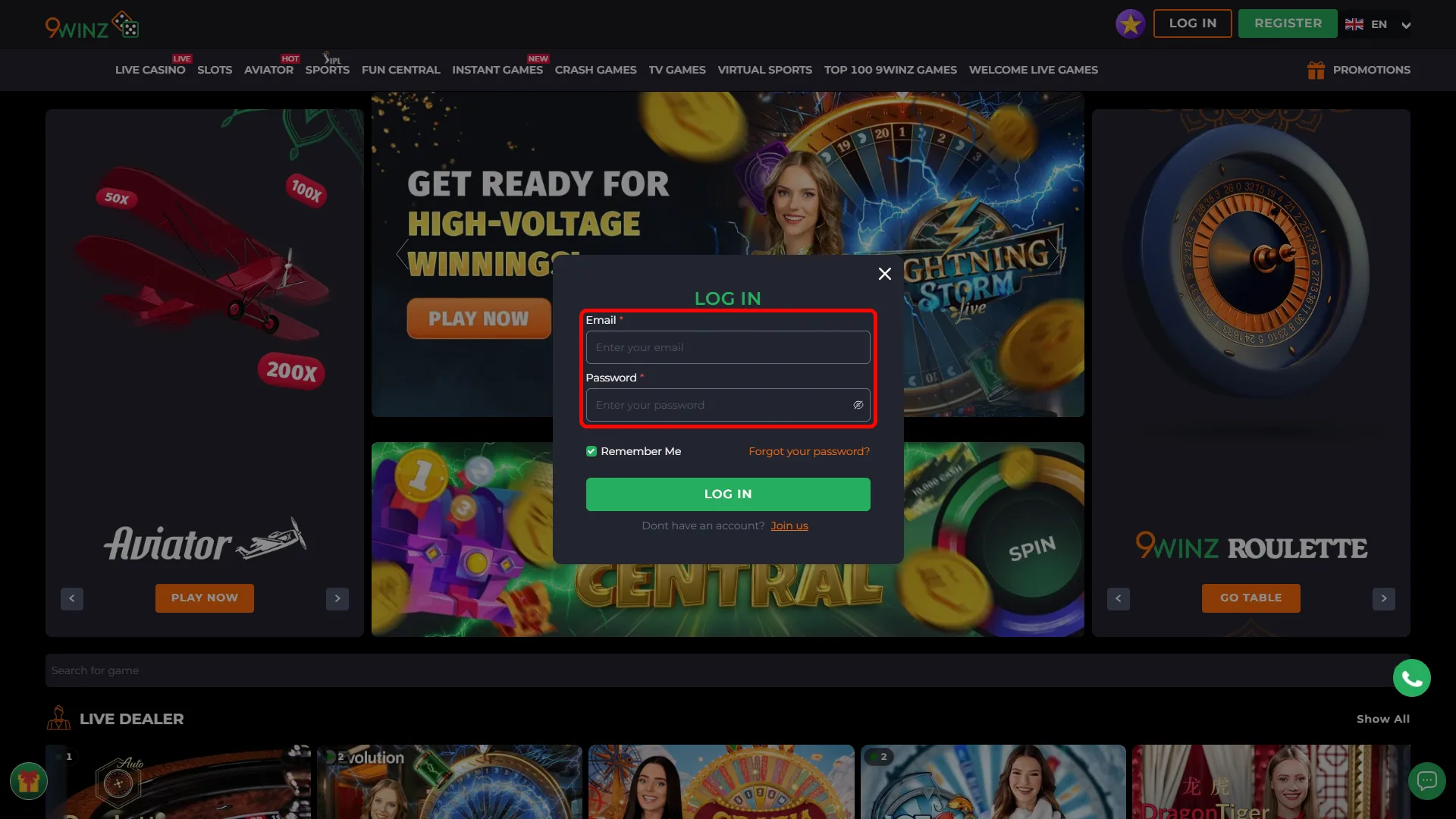 Enter details on 9winz login form and continue.