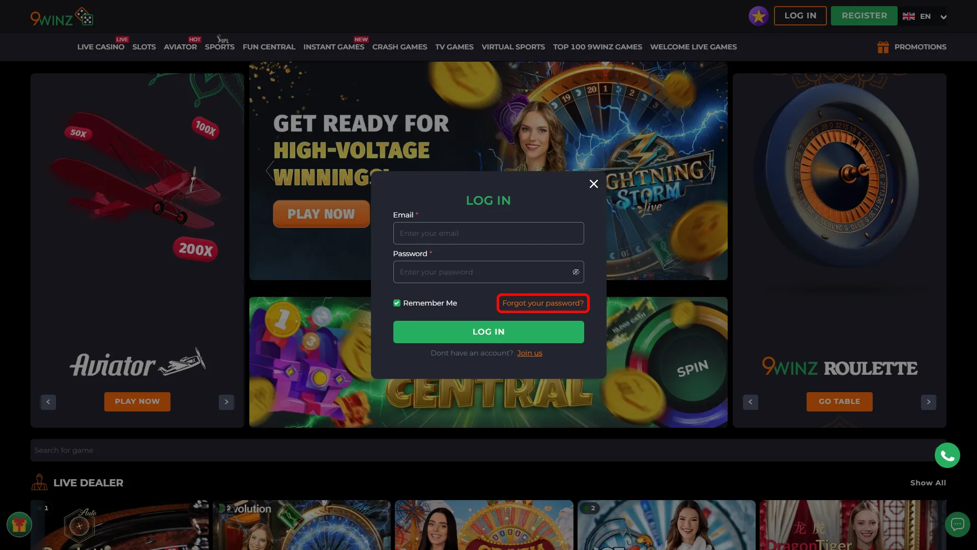 Reset password on 9winz if needed and regain access.
