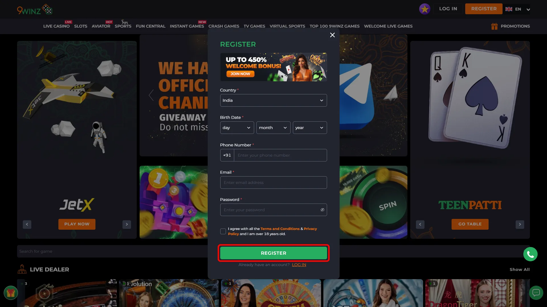 Complete sign up on 9winz and access full features.