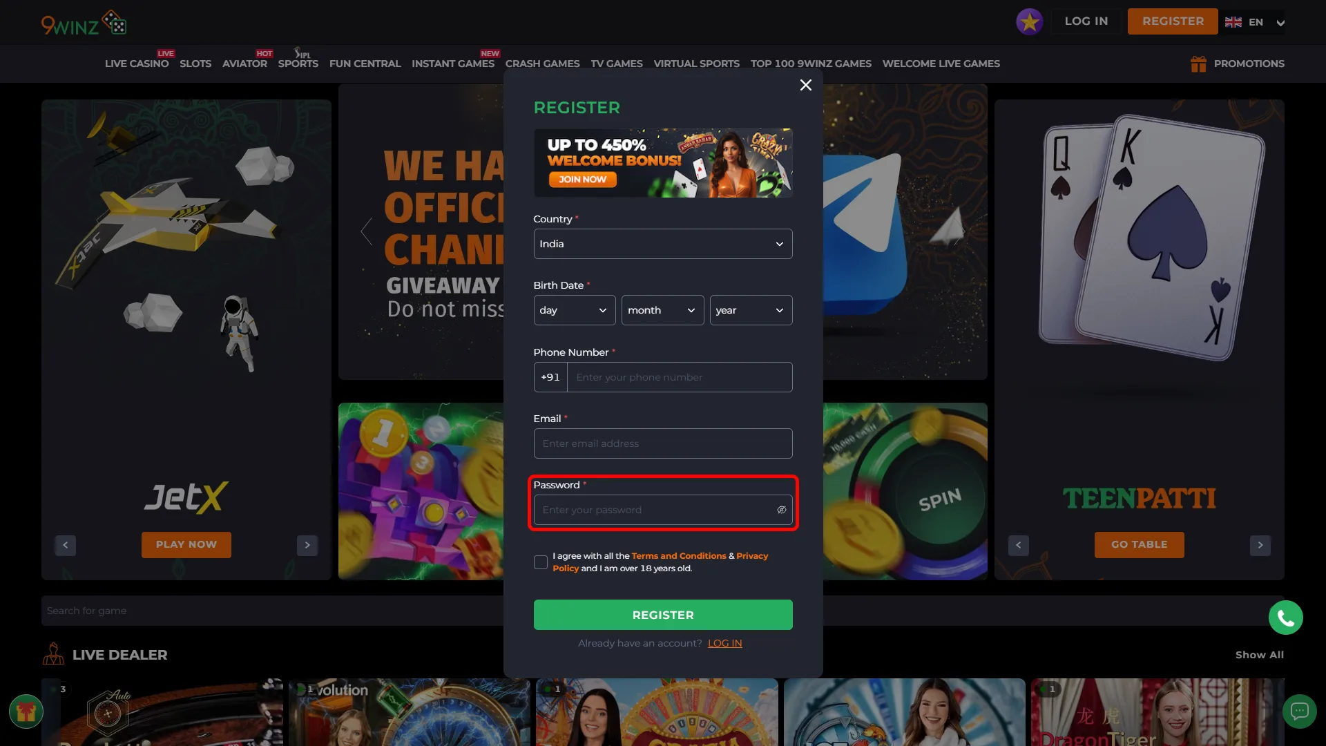 Create secure password on 9winz and protect your account.