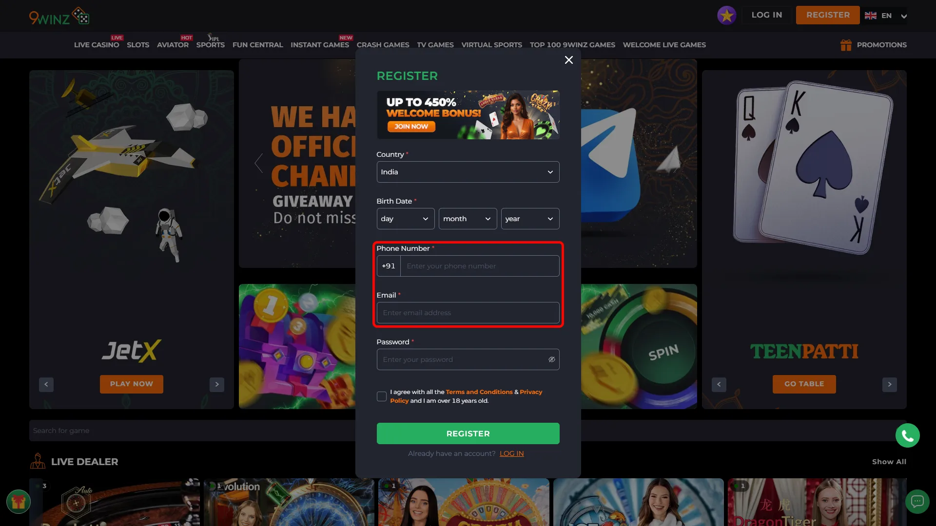Select registration method on 9winz and proceed quickly.
