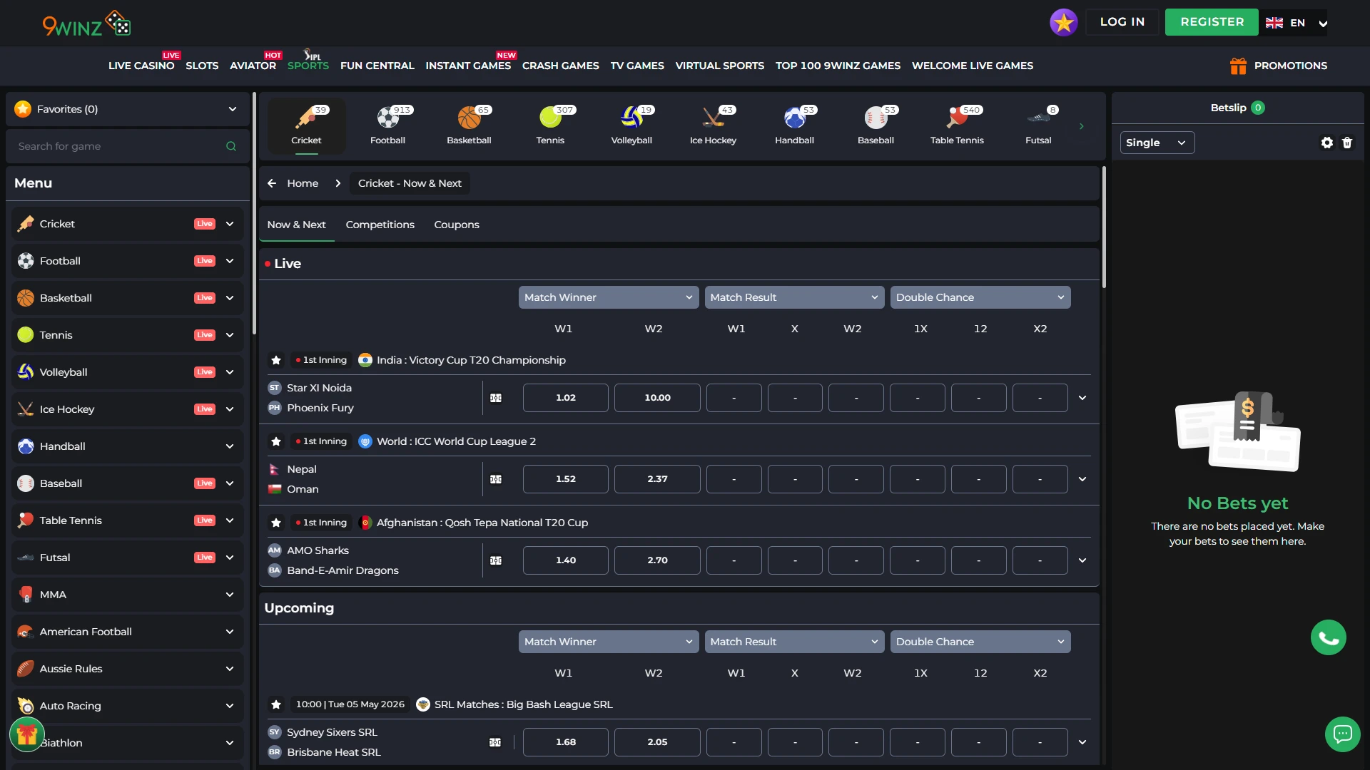 Bet on cricket with 9winz and follow live matches closely.