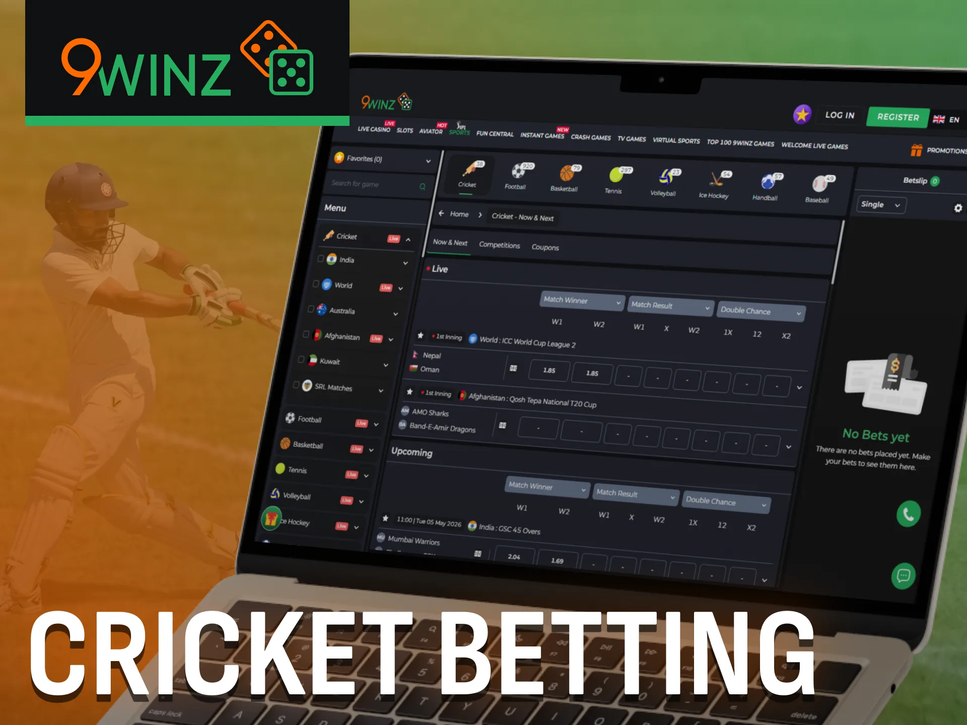 Bet on cricket at 9winz including T20 and ICC tournaments.
