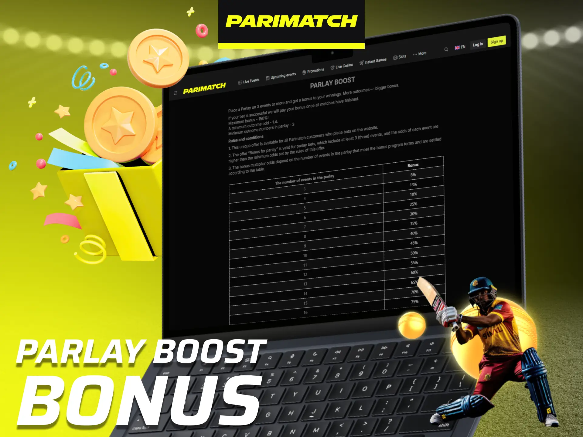 Use the Parimatch parlay boost bonus to increase potential accumulator returns.