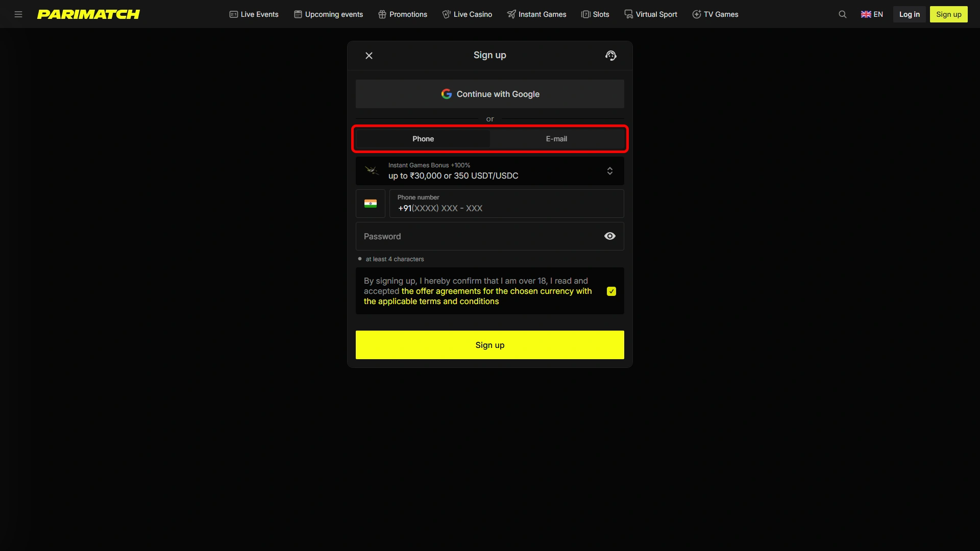 Choose your preferred registration method on the Parimatch platform.