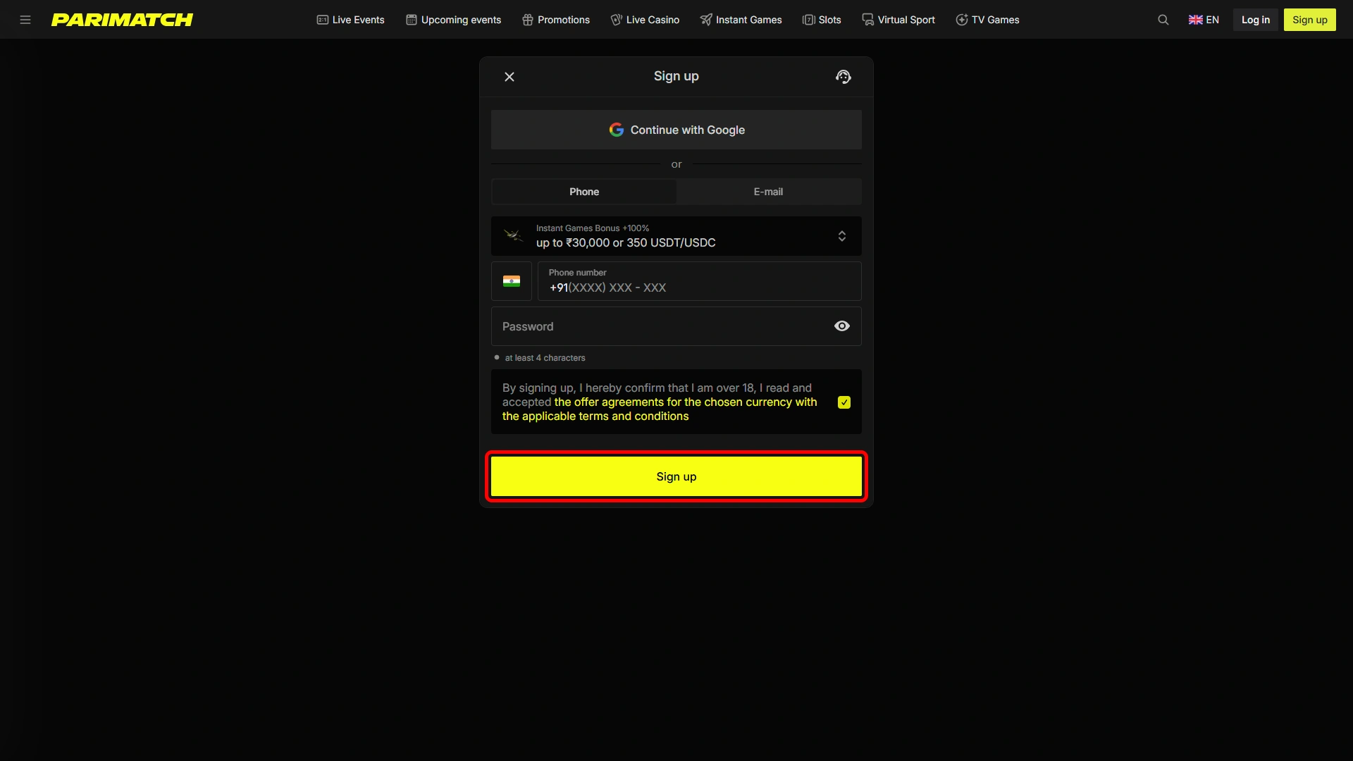 Complete the Parimatch registration process and access your account.