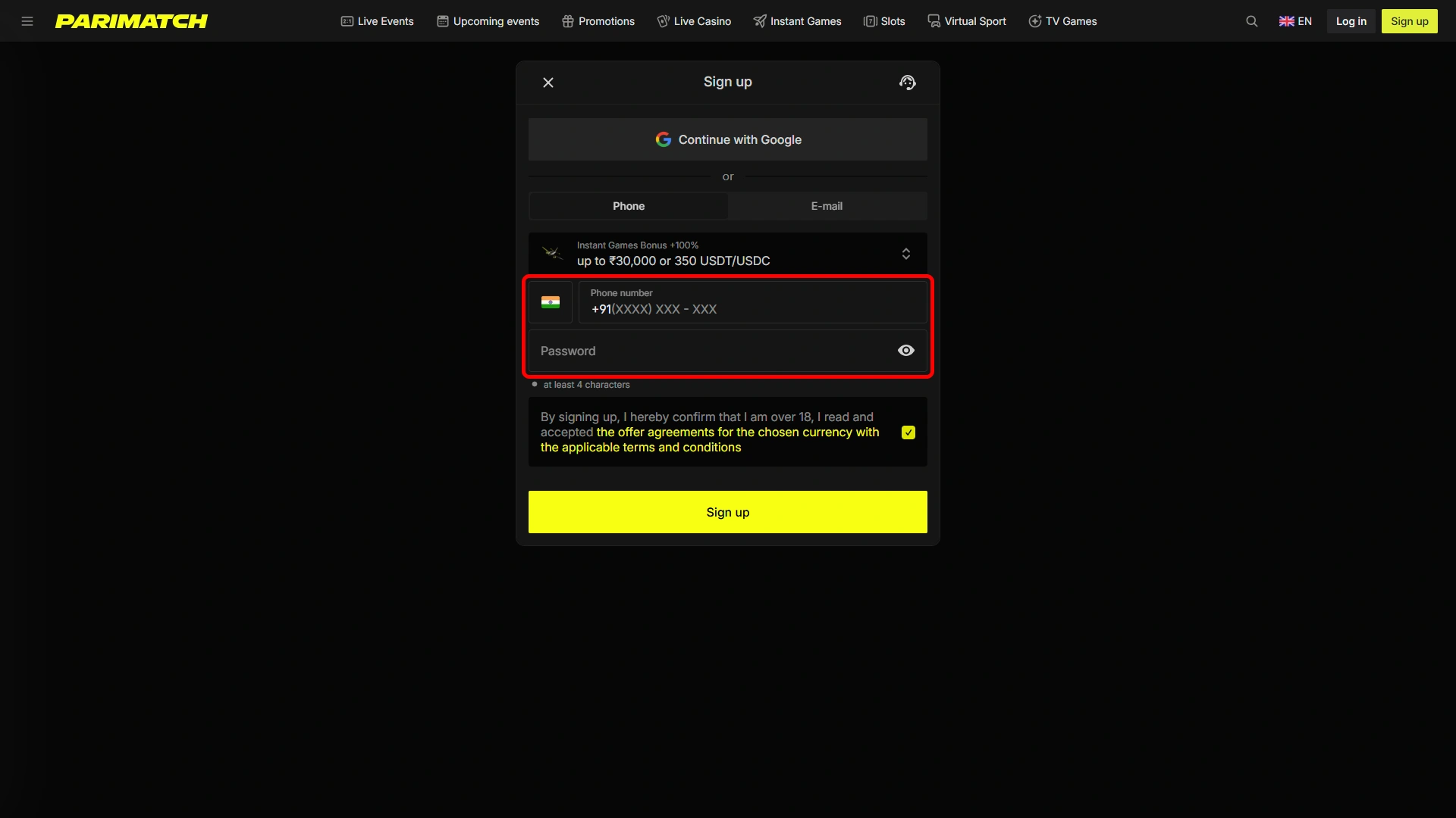 Enter your personal details accurately when registering with Parimatch.