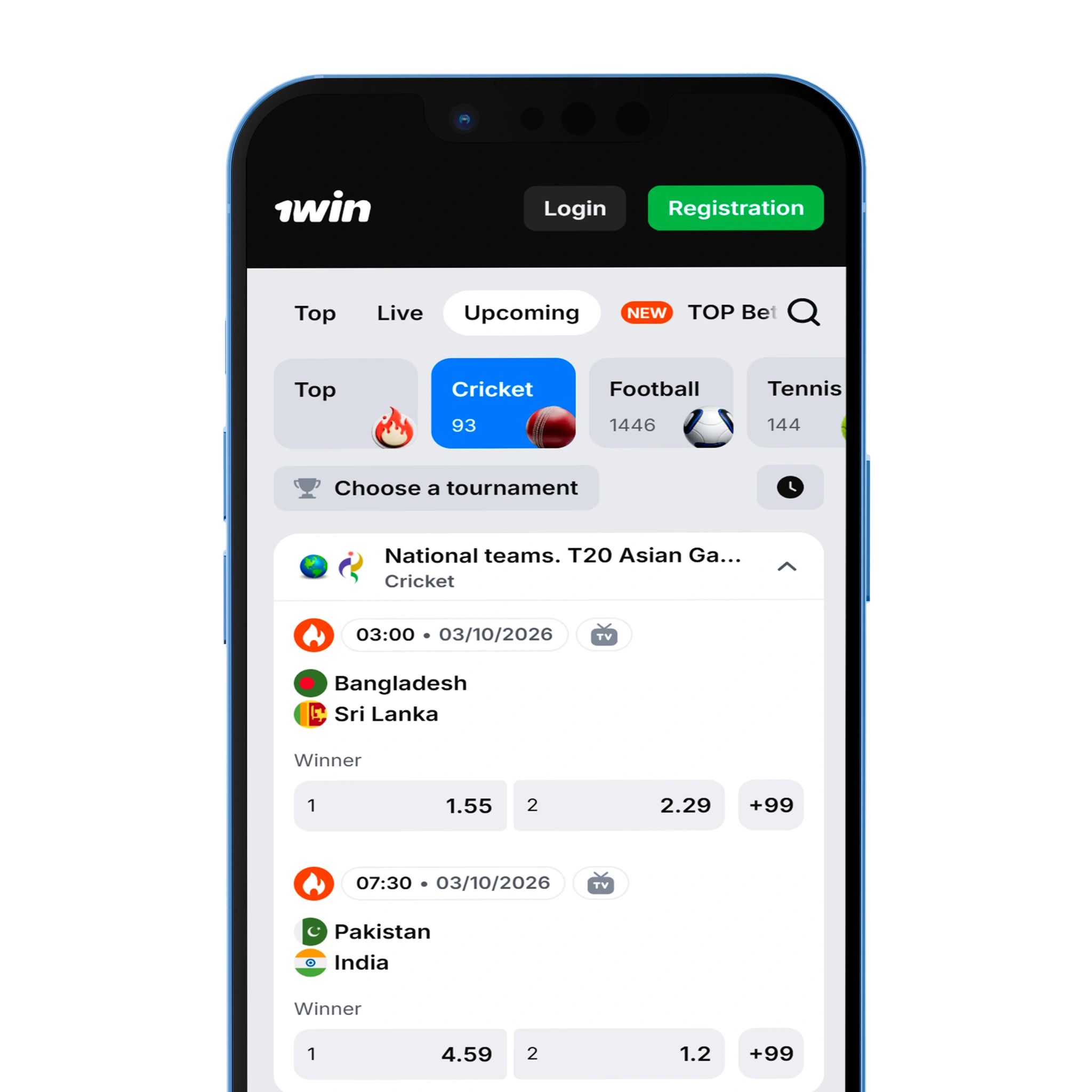 1win app for betting on cricket from Android and iOS devices.