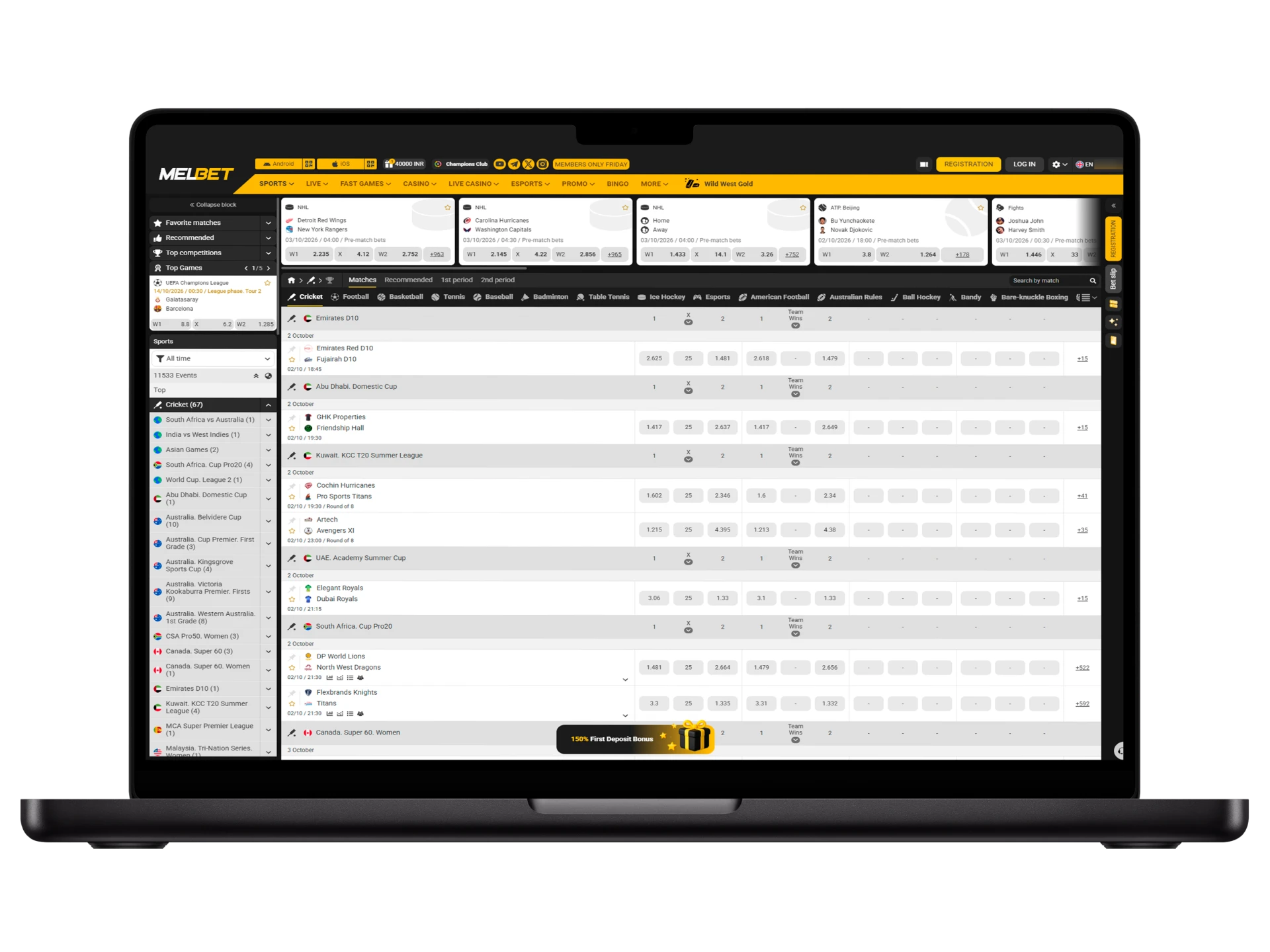 Melbet website with cricket betting lines and a welcome bonus for players from India.